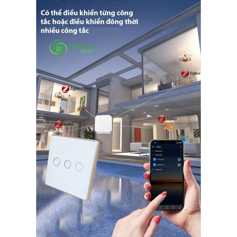 Công Tắc Cảm Ứng Điều Khiển Từ Xa TUYA ZIGBEE 1 Nút Ấn Vuông Viền Vàng Mặt Kính Cảm Ứng