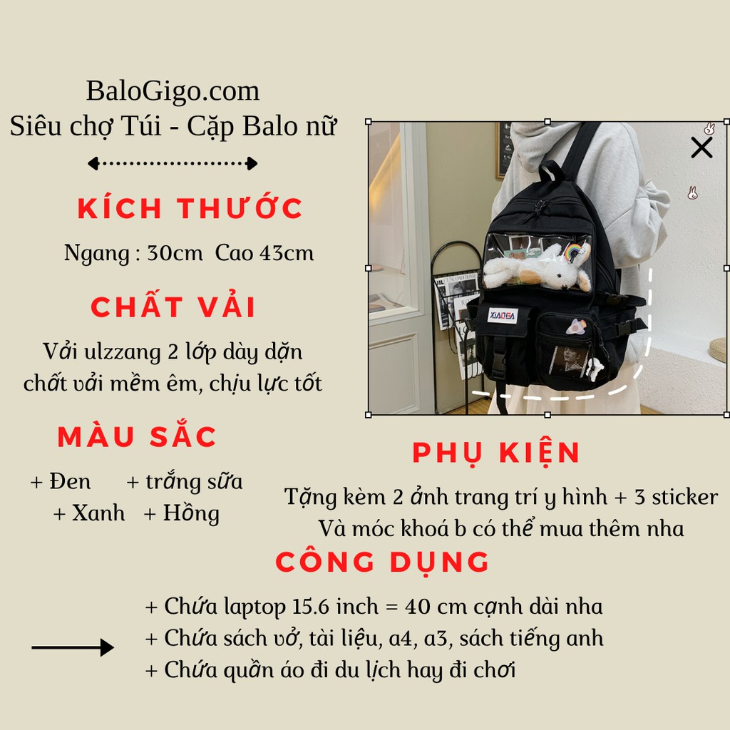 Cặp đi học Ulzzang tặng kèm 2 ảnh và 3 huy hiệu y như hình siêu đẹp G244 - BaloGigo