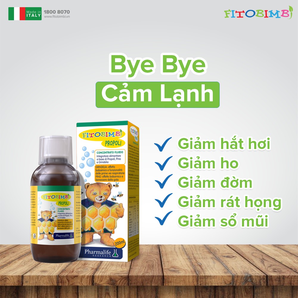 Fitobimbi Propoli Giảm ho Giảm đau họng Tăng cường sức khỏe đường hô hấp trên Tăng hệ miễn dịch cho người lớn Chai 200ml