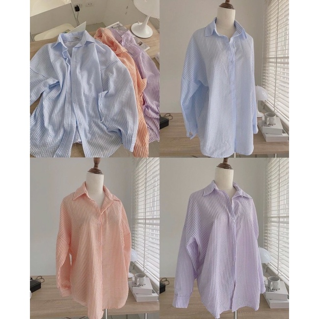 [Ảnh thật/Video]Áo sơ mi kẻ emma dài tay Hàn Quốc Áo xốp hàng Quảng Châu