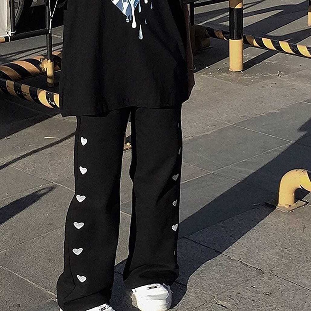 Quần Dài Ống Rộng Lưng Cao In Họa Tiết Trái Tim Phong Cách Hàn Quốc Thời Trang Mùa Xuân Mới Cho Nữ
