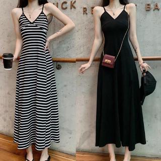 Đầm maxi hai dây xẻ tà họa tiết sọc thời trang cho nữ