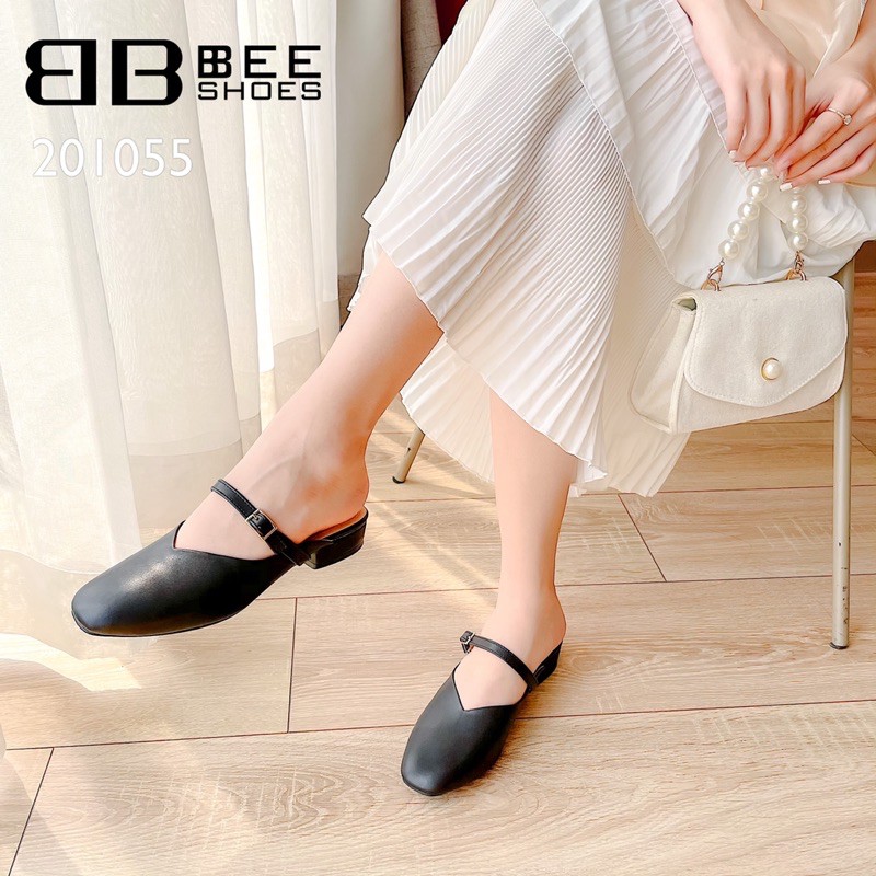 BEESHOES - SỤC NỮ MŨI VUÔNG QUAI NGANG DA LÌ - SỤC NỮ ĐẾ BỆT ĐI SIÊU ÊM SIÊU MỀM SẴN MÀU ĐEN - BE - TRẮNG 201055