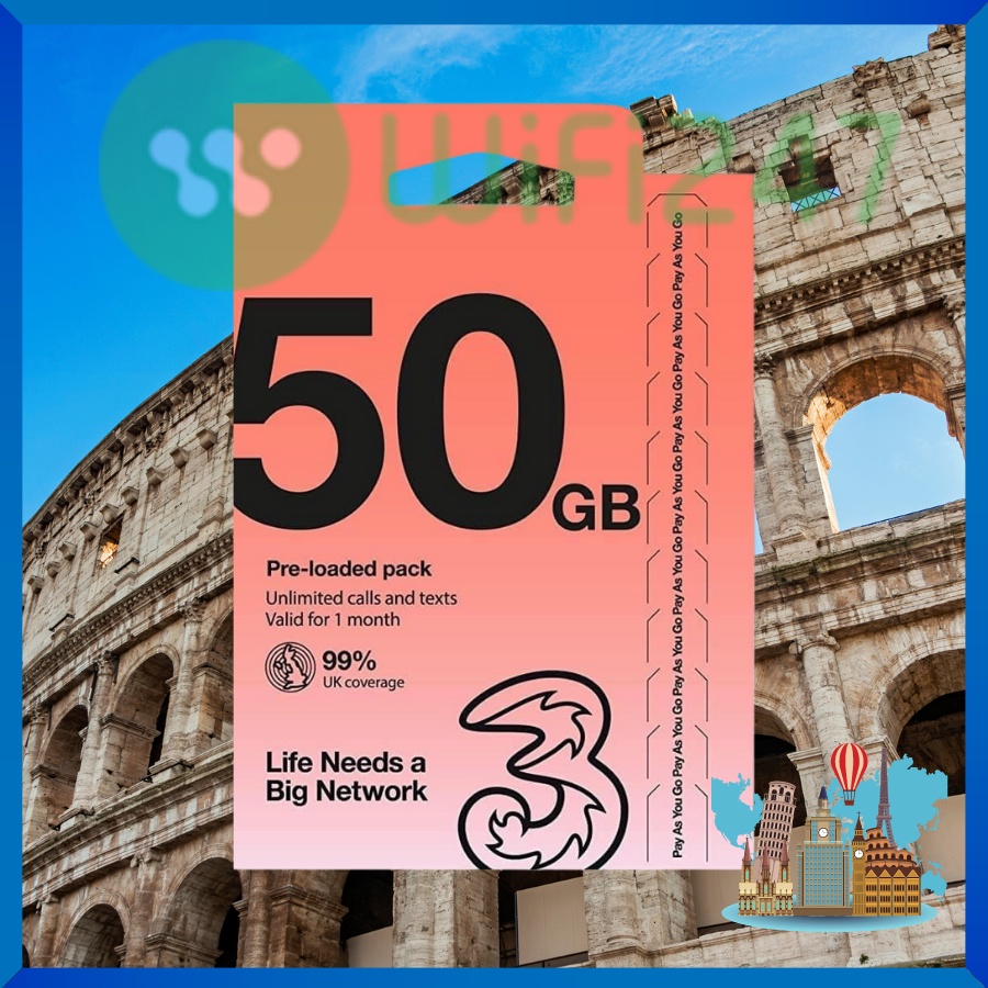 Sim du lịch châu Âu 12Gb 30 ngày, thoải mái nghe gọi, sim châu Âu Three UK