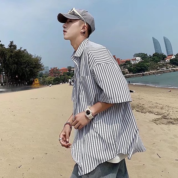 Áo Sơ Mi Tay Ngắn Họa Tiết Sọc Thời Trang Phong Cách Hàn Cho Nam