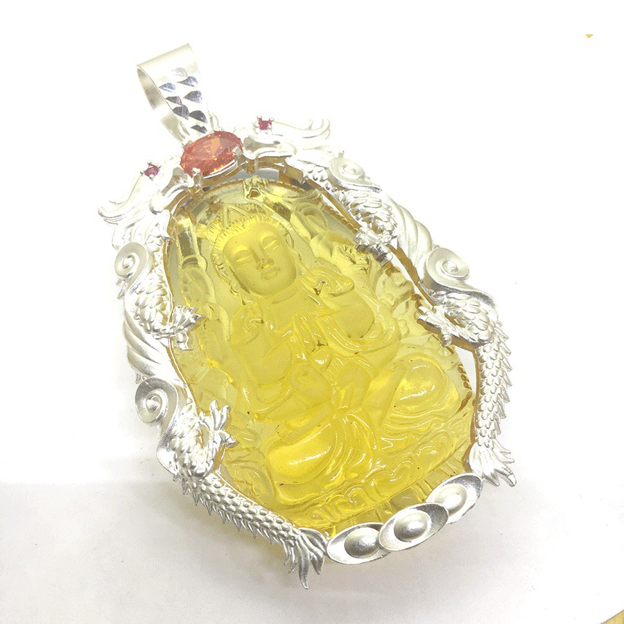 Mặt dây bạc nam Bạc Quang Thản khắc ngài Thiên Thù Bồ Tát bọc cặp rồng chầu chất liệu bạc trắng không xi mạ.