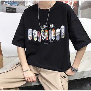 [Ảnh thật] Áo thun tay lỡ cotton đôi giày 3 màu đen/hồng/trắng [ áo thun tay lỡ unisex nam nữ mặc được]