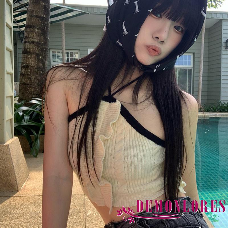 Áo Dệt Kim Sát Nách Hở Lưng Màu Sắc Tương Phản Cho Nữ