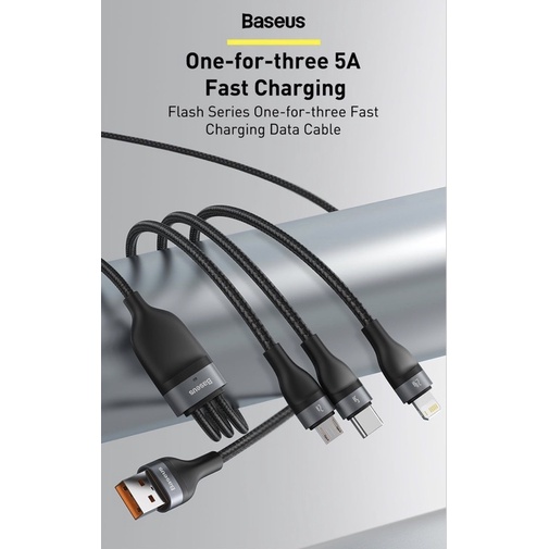 cáp sạc nhanh 3 đầu baseus flash series 3in1 (usb to type c//micro,5a/66w quick charging &amp; data cable)