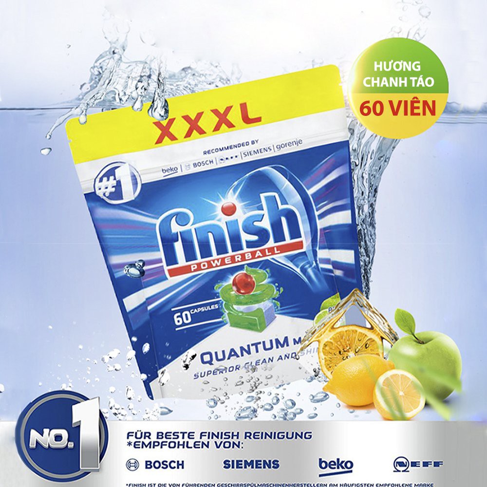Viên rửa bát Finish Quantum Max Túi 60 viên Hương Táo chanh - viên rửa chén chính hãng EU
