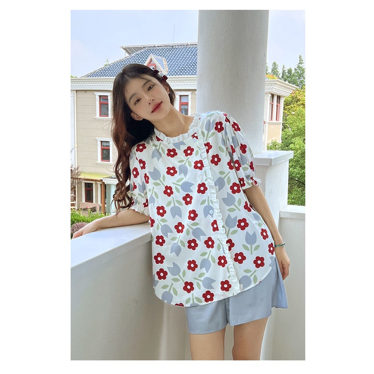 Bộ Đồ Ngủ Hai Mảnh Áo Tay Ngắn Dáng Rộng Vải Mỏng In Hoa Thời Trang Mùa Hè Cho Nữ