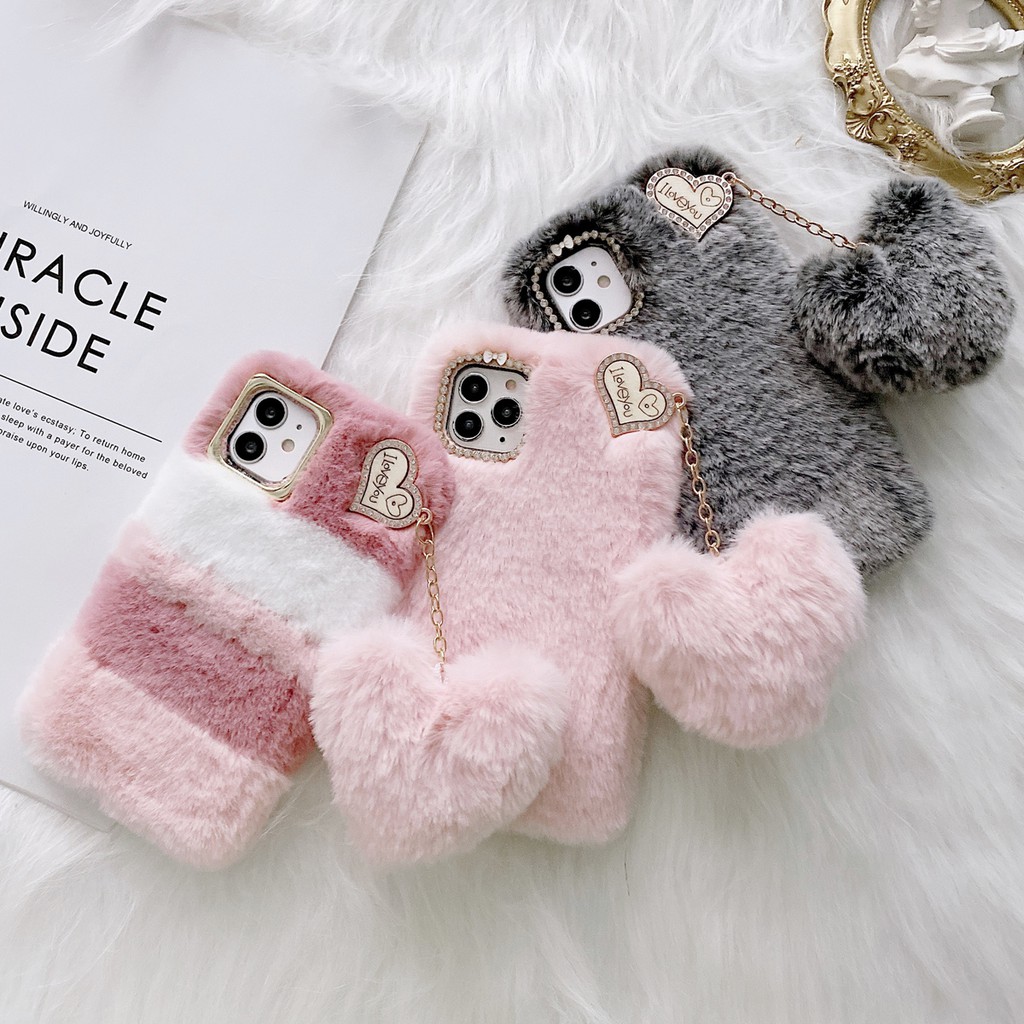 Ốp điện thoại gắn quả bông xinh xắn cho Samsung S21 S20 S10 S9 Plus Ultra FE Note20 Note10 Note9, Ốp lưng siêu mềm ấm áp lông thú dễ thương, kim cương sang trọng + nữ tính giả lông thú Nắp bảo vệ chống sốc cho phụ nữ
