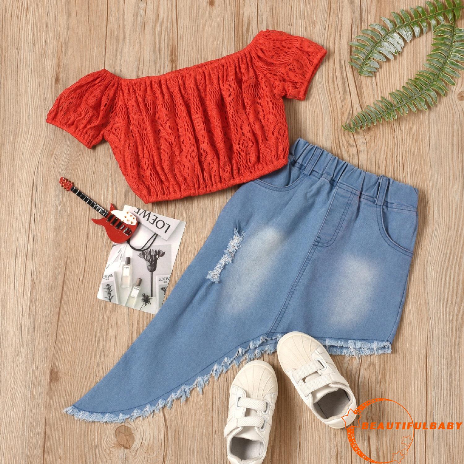 Bộ Đồ 2 Món Áo Croptop Tay Ngắn Cổ Thuyền Màu Sắc Trơn + chân váy jean Thời Trang Mùa Hè Cho Bé Gái 1-6 Tuổi