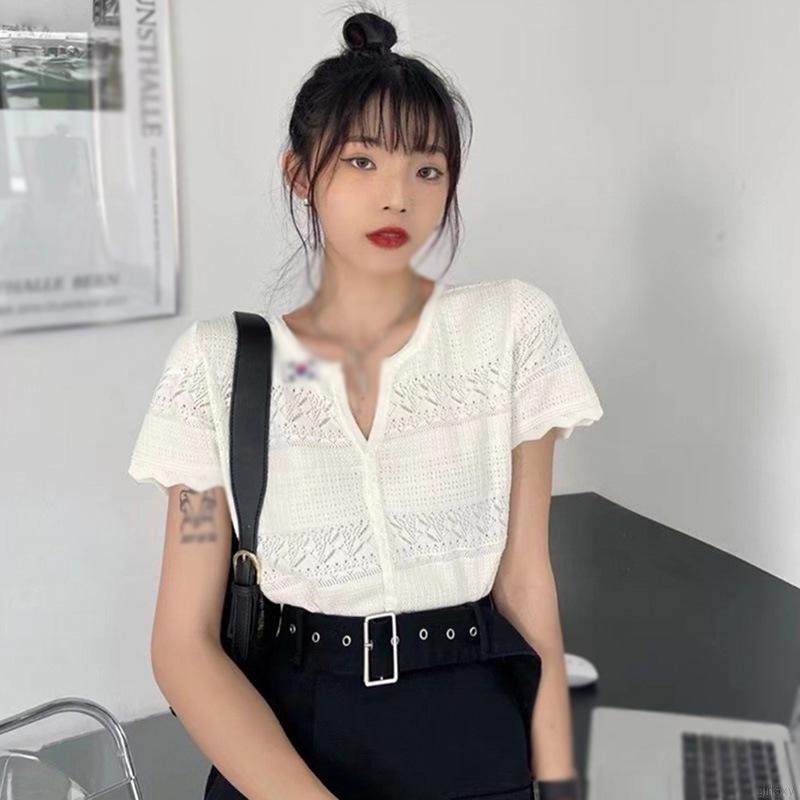 Áo croptop dệt kim tay ngắn cổ chữ v màu sắc đơn giản phong cách Hàn Quốc cho nữ