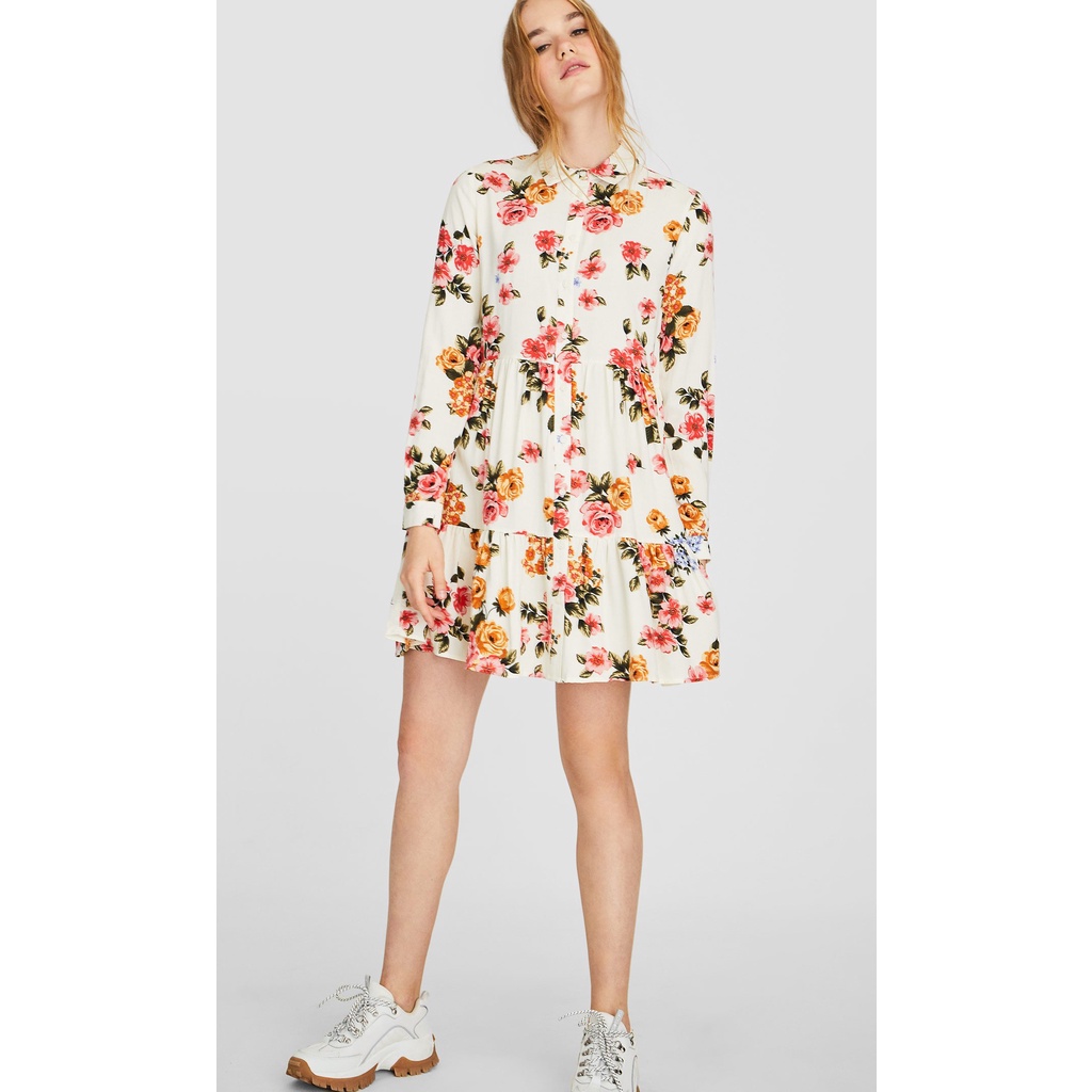 Stradivarius- Đầm sơ mi dài tay in dáng ngắn nữ phiên bản hàn quốc cạp cao rời 06370653004