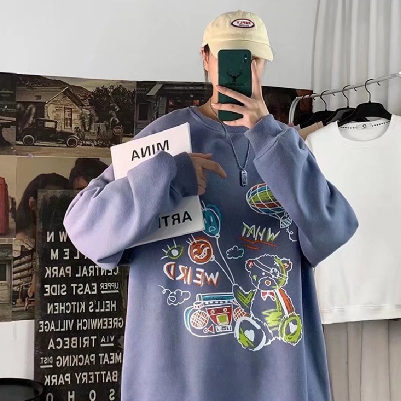 Áo sweater tay dài cổ tròn dáng rộng in họa tiết Graffiti phong cách Nhật Bản thời trang cho nam size M-5XL