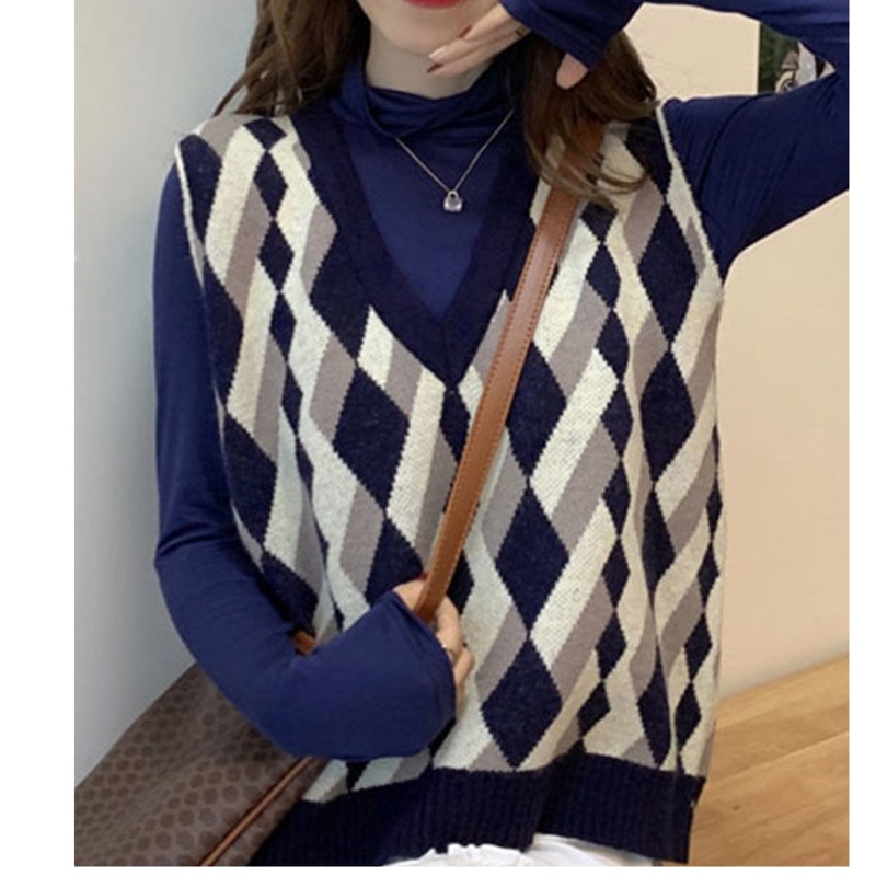 Áo Sweater Dệt Kim Không Tay Cổ Chữ v Màu Tương Phản Phong Cách Hàn Quốc Thời Trang Mùa Thu Cho Nữ