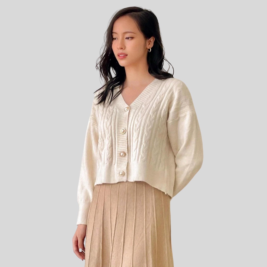 RECHIC Áo Kiểu Kala dáng ngắn tay dài chất len gân kết nút ngọc xinh xắn thời thượng có thể làm khoác ngoài đi làm đi ch