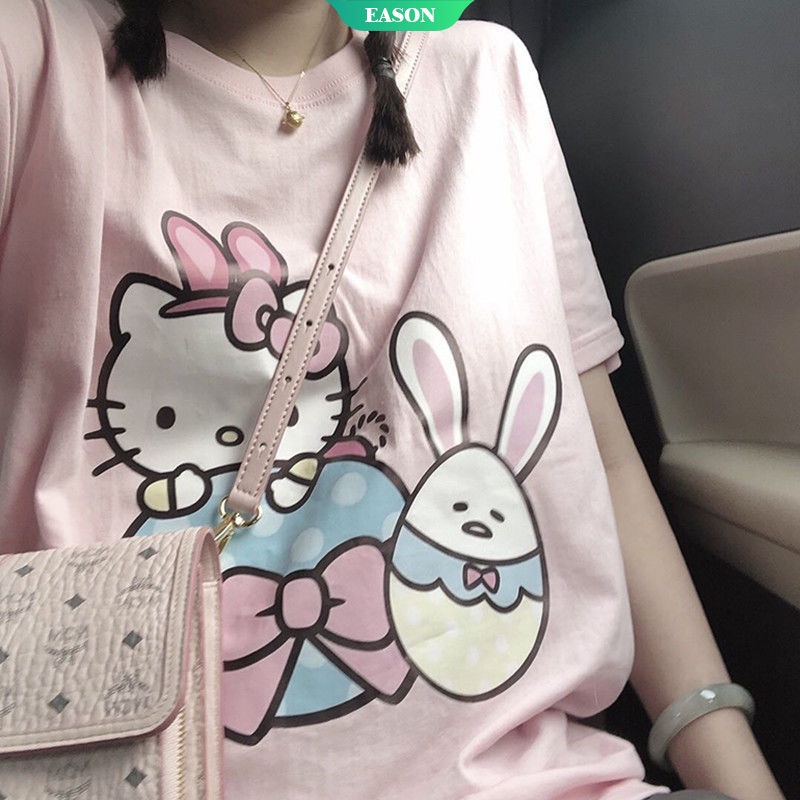 Áo Thun Tay Ngắn Dáng Rộng Chất Liệu Cotton In Hình Hello Kitty Phong Cách Nhật Bản Thời Trang Mùa Hè Cho Nữ