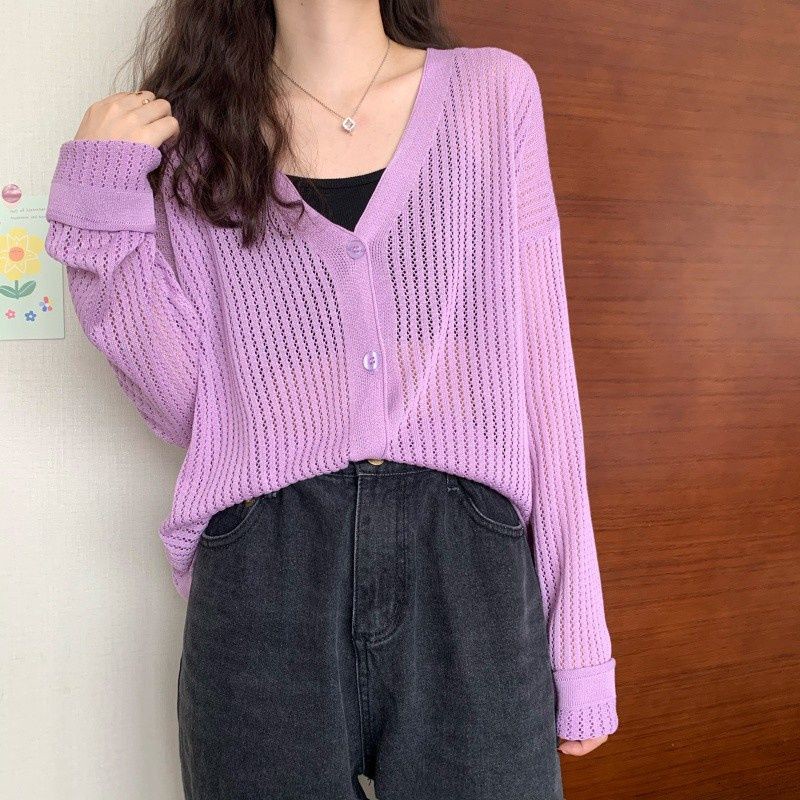 Áo cardigan dệt kim mỏng màu trơn tay dài cổ chữ v thời trang xuân hè phong cách gợi cảm cho nữ