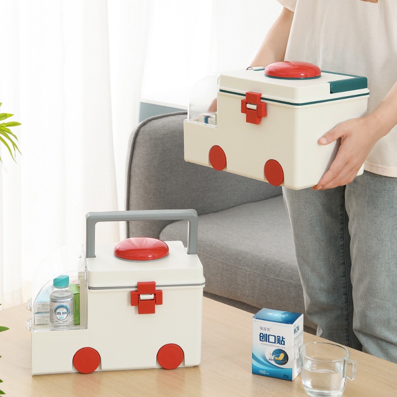 Có thể bán buôn Hộp đựng thuốc Hình dạng dễ thương Xe cứu Hai lớp dung tích lớn có tay cầm di động Virgina056 Hàng giao ngay