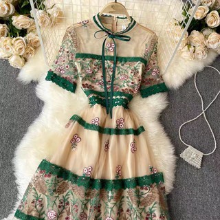 [ORDER] ĐẦM REN LƯỚI THÊU HOA CỘT NƠ