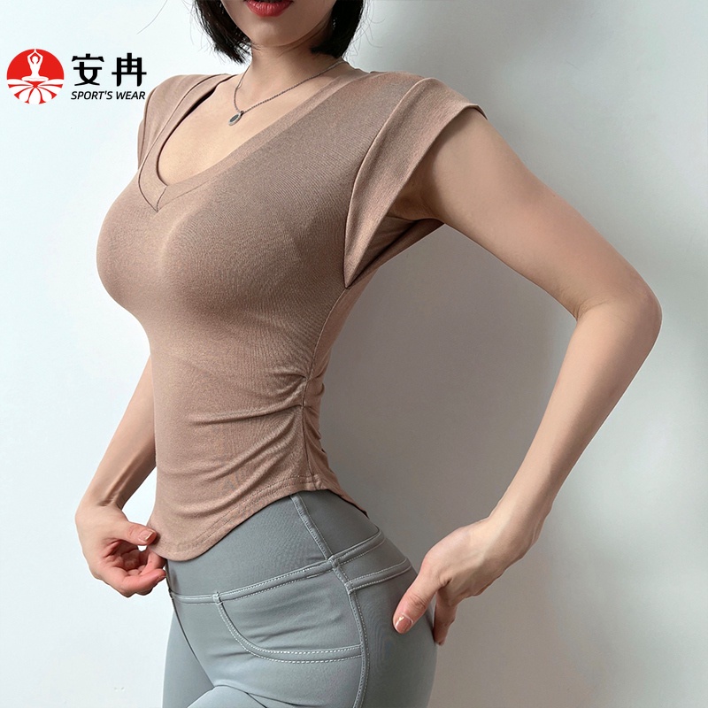 Áo thun thể thao Anran cổ chữ V dáng ôm thoáng khí hợp thời trang cho nữ