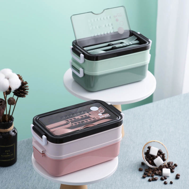 Hộp Cơm 2 Tầng INOX 304 Giữ Nhiệt ENJOY Cho Dân Văn Phòng - Kèm Chén Soup & Muỗng Đũa Nĩa, Thố Cơm 2 Tầng Inox