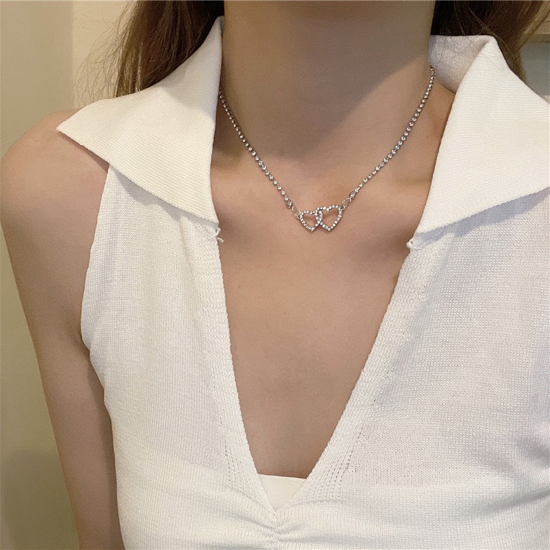 Vòng cổ choker mặt trái tim đôi đính đá zircon thời trang ngọt ngào cho nữ