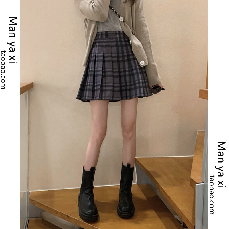 Chân Váy Chữ A Lưng Cao Họa Tiết Sọc Caro Phong Cách Retro
