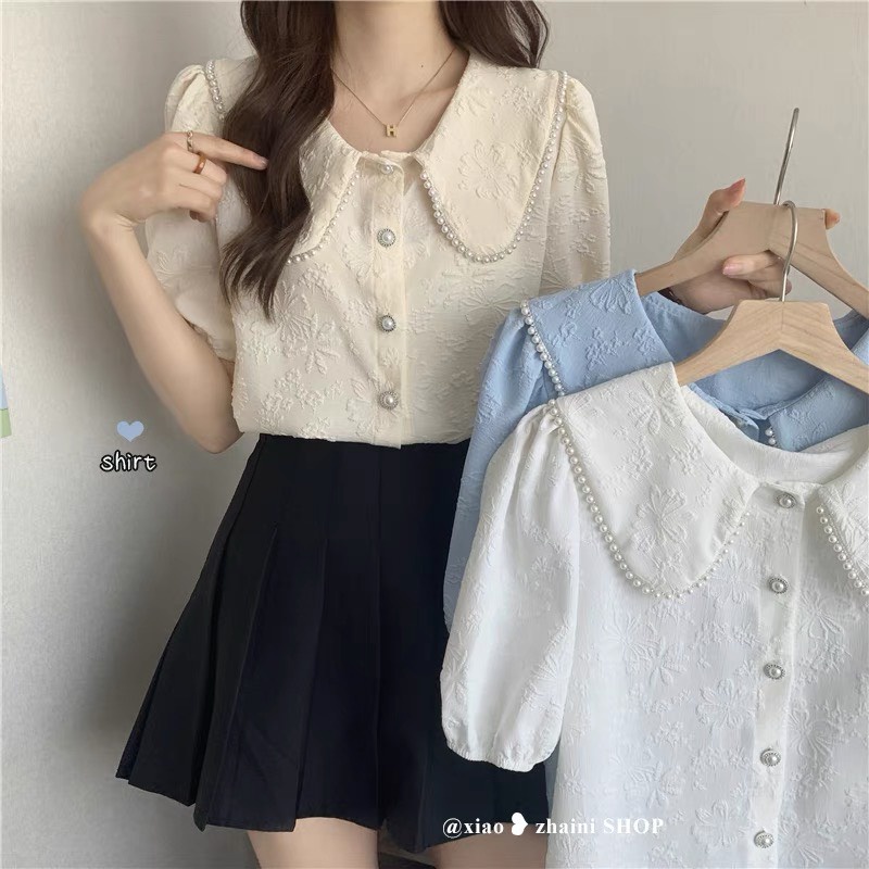 Sơ Mi Họa Tiết In Nổi Cổ Bèo Ngọc Xinh Xắn Hàng QC Đẹp