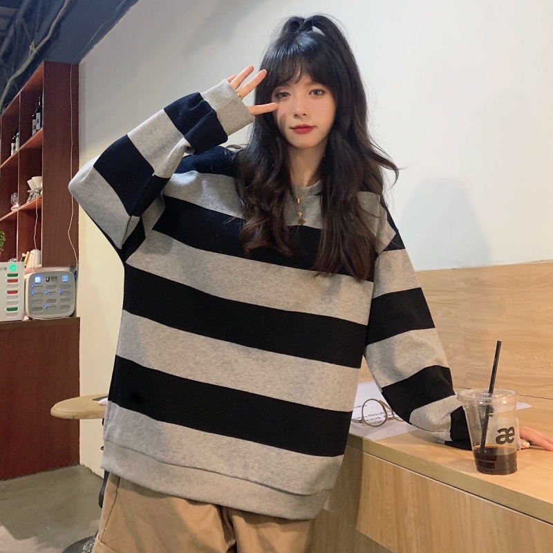 Áo sweater tay dài cổ tròn kẻ sọc thời trang retro cá tính