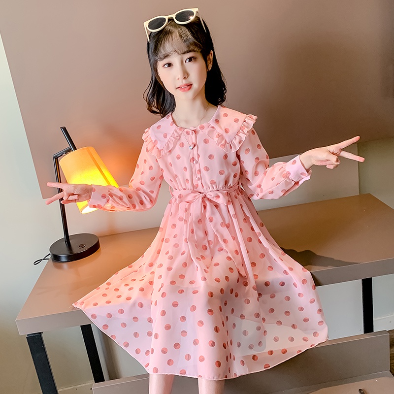 Đầm Tay Dài Cổ Bẻ Họa Tiết Chấm Bi Đơn Giản Thời Trang Mùa Hè Mới Dành Cho Bé Gái 2022