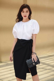 Áo cotton lụa trắng tay phồng -HBSM762