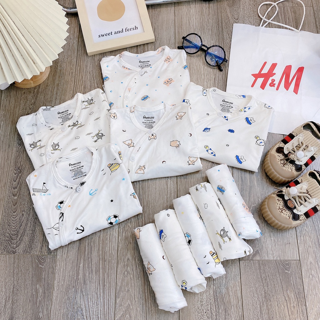 Bộ Chéo Hoạ Tiết 5 Kiểu Siêu Dễ Thương Chất Vải Thun Lạnh Cho Bé Trai Bé Gái Size Newborn - 9kg