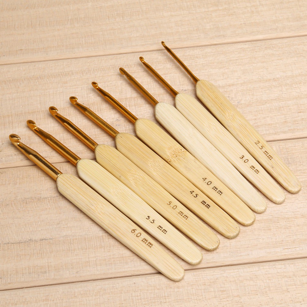 Bộ 8 cây đan móc len tay cầm gỗ màu vàng 2.5mm-6mm