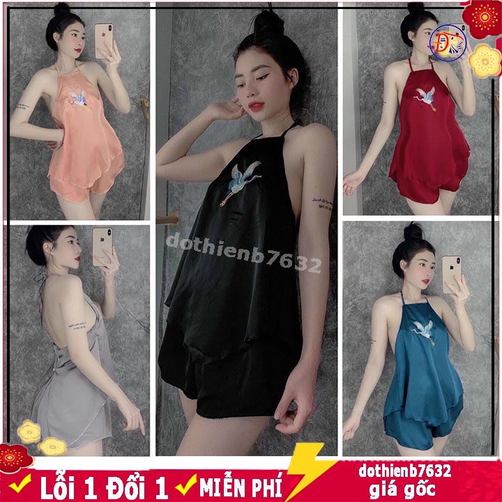 Đồ ngủ sexy yếm 2 dây trơn thêu hạc ⚡️ MẪU HÓT ⚡️ chất liệu lụa satin mềm mịn mát, freesize 40-60kg tùy chiều cao