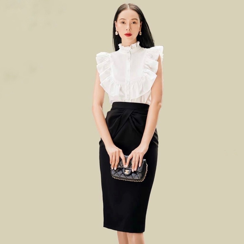 SƠ MI TRẮNG TAY CÁNH TIÊN CỔ XẾP BÈO BHA06