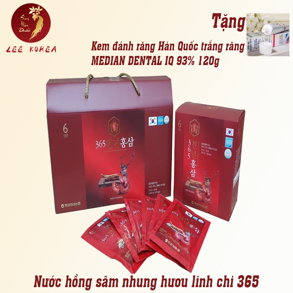 Nước hồng sâm nhung hươu linh chi 365 Hàn Quốc hộp 60 gói x 70ml tặng kem đánh răng Median 93% Hàn Quốc