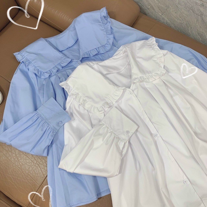 [Mã FAMARAL1 giảm 10k đơn 50k] Áo Sơ Mi Doll Cổ Bèo Gập To Dáng Giấu Quần 2 Màu Xanh Trắng ( Hàng Sẵn) | BigBuy360 - bigbuy360.vn