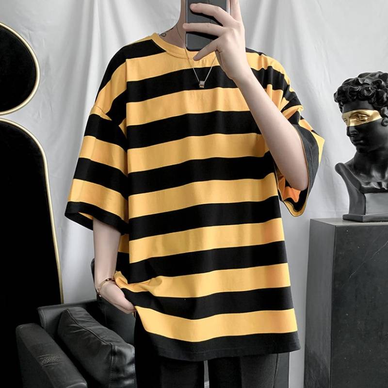 Áo thun cổ tròn dáng rộng kẻ sọc ngang trẻ trung phong cách Nhật Bản dành cho nam size S-3XL | BigBuy360 - bigbuy360.vn