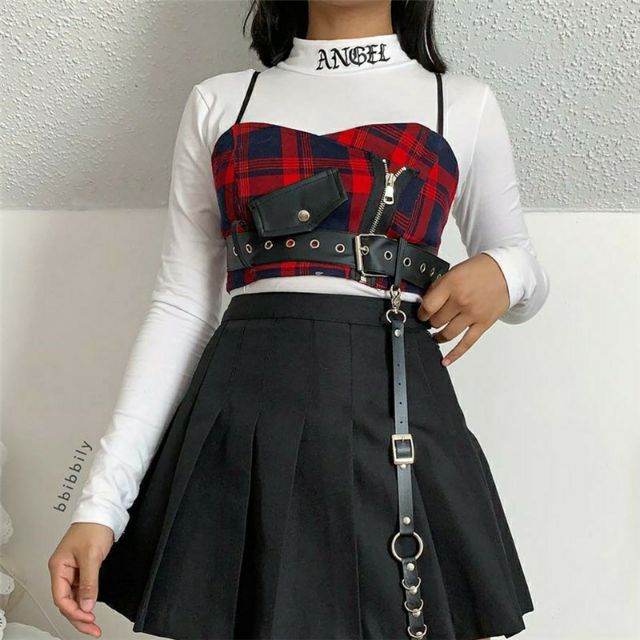 (Sẵn caro M) Áo hai dây croptop dáng bra phối khóa đai khoen phong cách hiphop chic punk dancer cá tính năng động