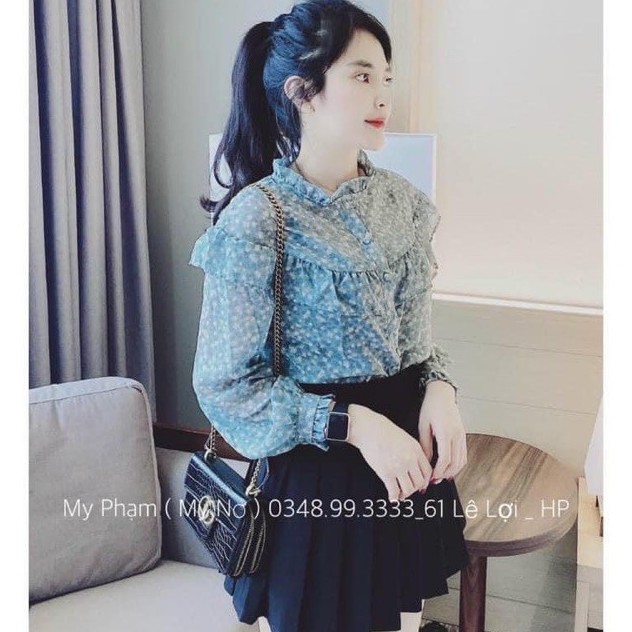 Áo hoa nhí phối bèo tiểu thư hàng loại 1 cúc bọc siêu xinh, Áo kiểu nữ tay bồng nhẹ thanh lịch trẻ trung