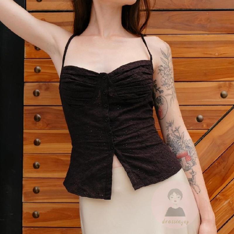 DRESSINGUP-Áo Tank Top Hai Dây Mùa Hè Dáng Ôm Cài Nút Hoa Khoét Rỗng Có Dây Buộc Hở Lưng Cho Nữ