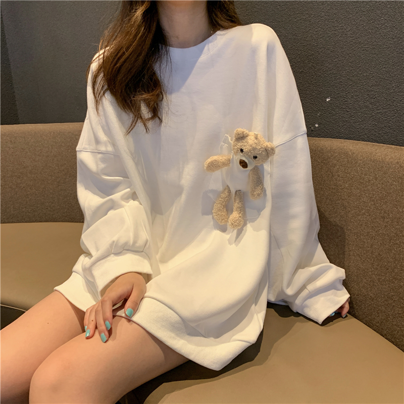Áo sweater trơn dáng rộng đính chú gấu dễ thương phong cách Hàn Quốc cho nữ