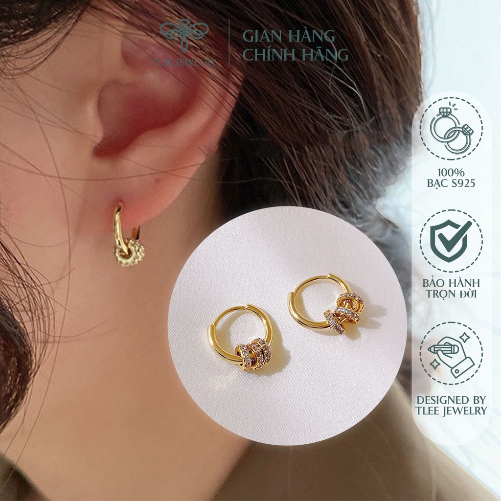 Khuyên tai bạc nữ TLEE tròn trơn mix ba vòng tròn nạm đá NCJ B0113