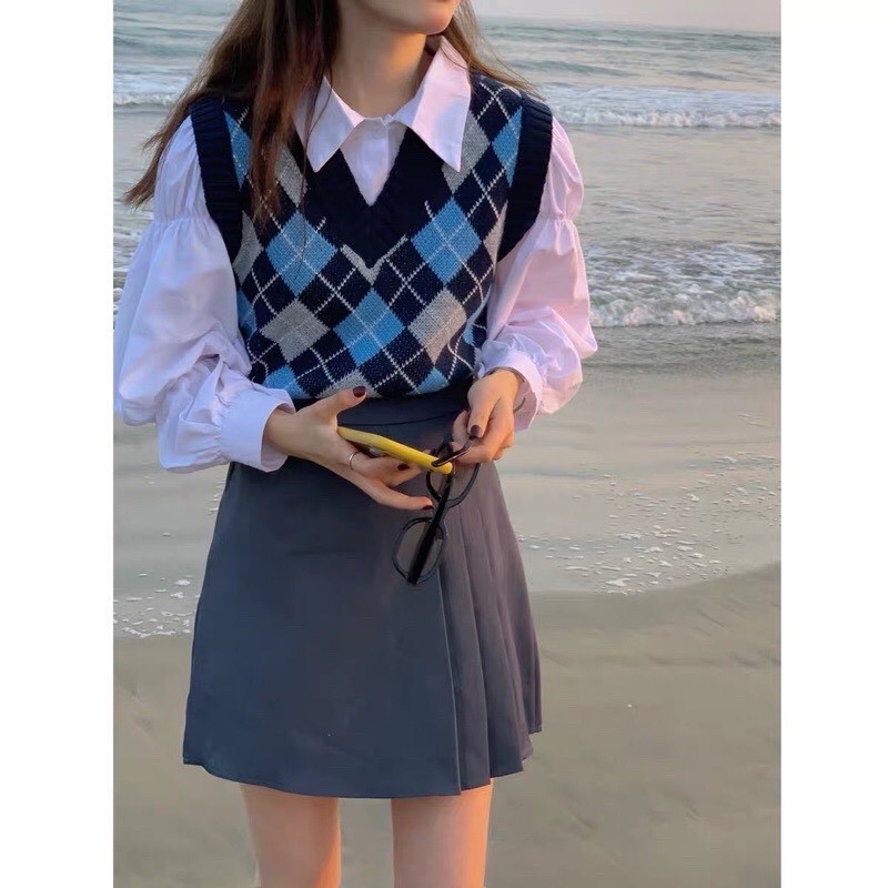 Áo gile len nữ dáng croptop họa tiết caro phong cách Ulzzang siêu xinh - 4BASIC Len03 | BigBuy360 - bigbuy360.vn