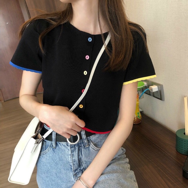 [Mã WASTUP giảm 10% tối đa 30K đơn 99K] Áo thun giấy croptop Ulzzang cúc nhiều màu phối viền | BigBuy360 - bigbuy360.vn