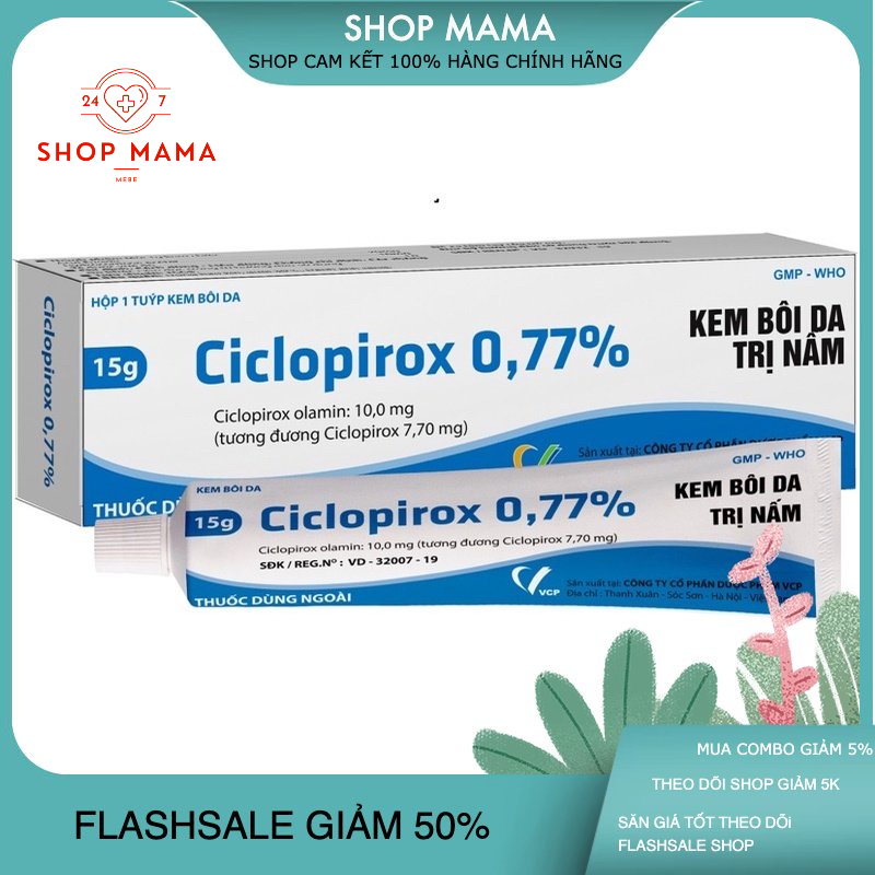 Kem bôi Nấm Ciclopirox 0.77% VCP 15g bôi Nấm Tay Chân, Lang Ben, Nấm Bẹn