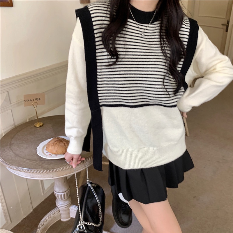 QADCOL Áo sweater dệt kim dáng rộng phong cách Hàn Quốc